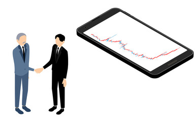 株の上昇チャートを示すスマホ画面と握手をするビジネスマン、アイソメトリック