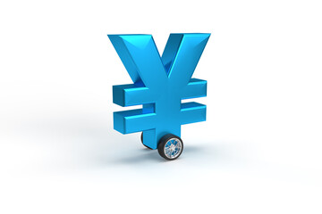 Obraz premium Japanese currency yen symbol on wheels as a car on a white isolated background.