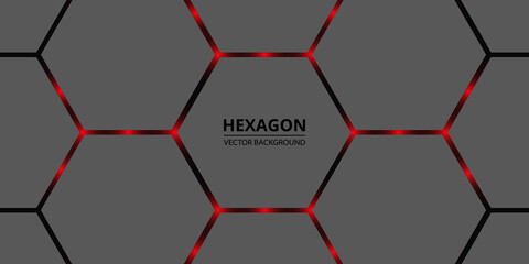 Hexagonal abstract background. Red bright light flashes under the hexagon. Red highlights under the gray honeycomb texture.