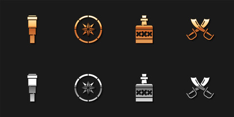 Set Spyglass telescope lens, Compass, Alcohol drink Rum and Crossed pirate swords icon. Vector