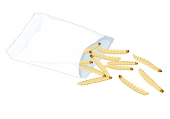 Bamboo Worm Caterpillar insects for eat as food deep-fried crispy snack in a foil wrap bag ready to eating for take away. It is good source of protein edible for future food and entomophagy concept.