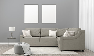 Realistic Mockup 3D Rendered Interior of Modern Living Room with Sofa - Couch and Table