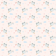 Pattern flying stork with a bundle icon. Pattern illustration of flying stork with a bundle vector icon for web on baby background