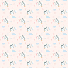 Pattern flying stork with a bundle icon. Pattern illustration of flying stork with a bundle vector icon for web on baby background