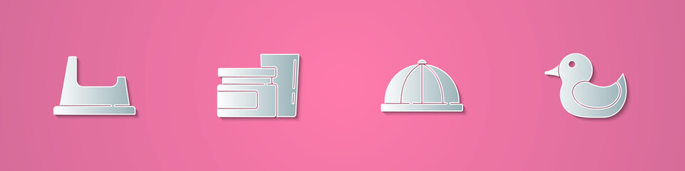 Set paper cut Baby potty, food, hat and Rubber duck icon. Paper art style. Vector