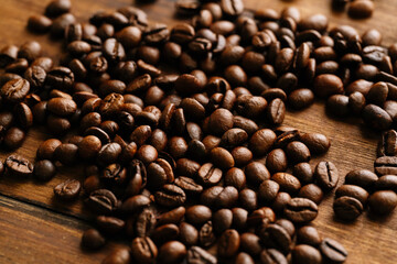 Coffee beans on a wooden table