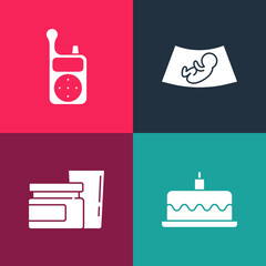 Set pop art Cake with burning candles, Baby food, Ultrasound of baby and Monitor Walkie Talkie icon. Vector