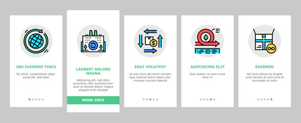 Circular And Linear Economy Model Onboarding Mobile App Page Screen Vector. Eco Friendly Plant And Industrial Factory, Manufacturing And Waste World Economy Illustrations