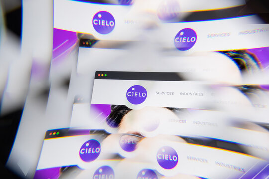 Milan, Italy - APRIL 10, 2021: Cielo logo on laptop screen seen through an optical prism. Illustrative editorial image from Cielo website.