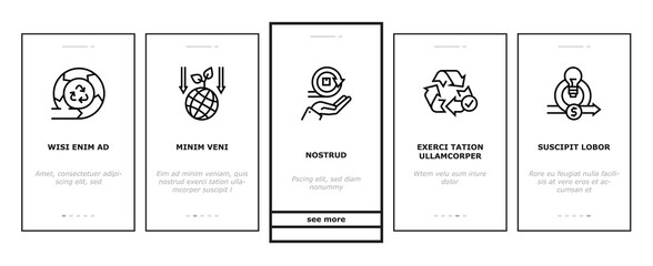 Circular And Linear Economy Model Onboarding Mobile App Page Screen Vector. Eco Friendly Plant And Industrial Factory, Manufacturing And Waste World Economy Illustrations