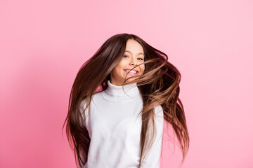 Photo of optimistic nice brunette girl wear white sweater isolated on pink color background