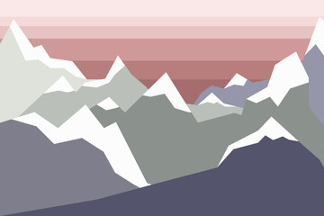 Fototapeta premium Vector landscape with abstract mountains at sunrise or sunset.Abstract nature background with mountain peaks ,travelling and escaping,for web design, prints, interior decor,illustration.