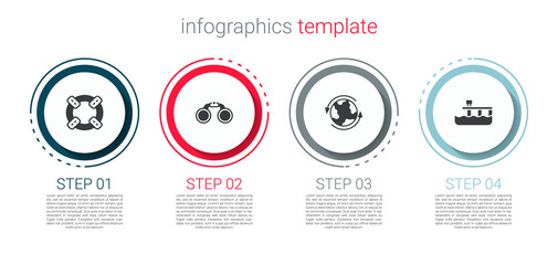 Set Lifebuoy, Binoculars, Worldwide and Beach pier dock. Business infographic template. Vector