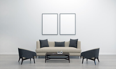 Realistic Mockup 3D Rendered Interior of Modern Living Room with Sofa - Couch and Table