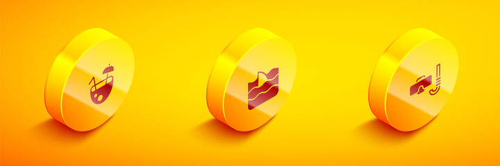 Set Isometric Coconut cocktail, Shark fin in ocean wave and Diving mask and snorkel icon. Vector
