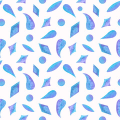 Watercolor geometric abstract seamless pattern with blue rectangles,circles,splashes on white background.Hand drawn gradient effect.For design,wrapping paper,packaging,bed linen,fabrics,textile