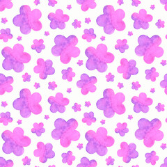 Watercolor seamless pattern with hand drawn pink and purple abstract flowers in different sizes on white background.Gradient effect, romantic floral design for fabrics,textile,bed linen,wrapping paper