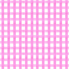 Seamless pattern with watercolor pink grid on white background.Soft texture for bed linen,fabrics,kids textile,kitchen,interior,wrapping paper.Pastel cell design