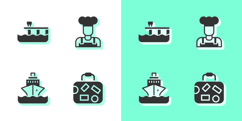 Set Suitcase, Beach pier dock, Cruise ship and Cook icon. Vector
