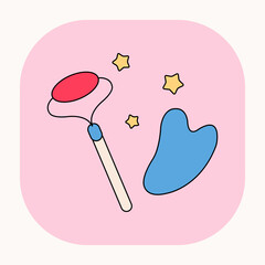 Doodle guasha stone tool illustration. Cute cartoon face massage gua sha icon with pink background.