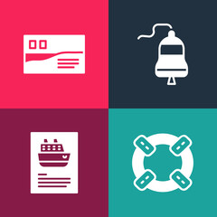 Set pop art Lifebuoy, Cruise ship, Ship bell and Postcard travel icon. Vector
