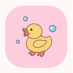 Doodle bath duck illustration. Cute cartoon hygiene icon with pink background.