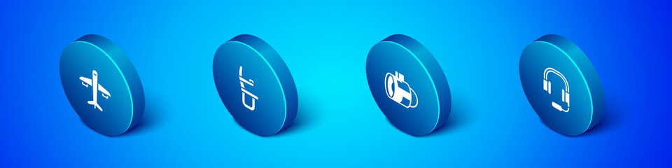 Set Isometric Plane, Jet engine turbine, Headphones with microphone and Airplane seat icon. Vector