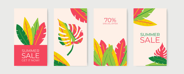 Fototapeta na wymiar Geometric square summer frame with exotic flowers and palm leaf. Suit for post dan stories social media template. Vector illustration for summer and holiday design