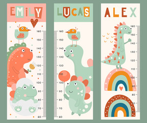 Kids height chart with cute baby dinosaur. Vector Illustration. Childish meter wall for nursery design with funny dinosaurs. Great for girl and boy.