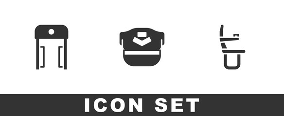 Set Metal detector in airport, Pilot hat and Airplane seat icon. Vector