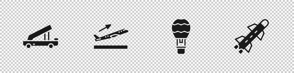 Set Passenger ladder, Plane takeoff, Hot air balloon and Rocket icon. Vector