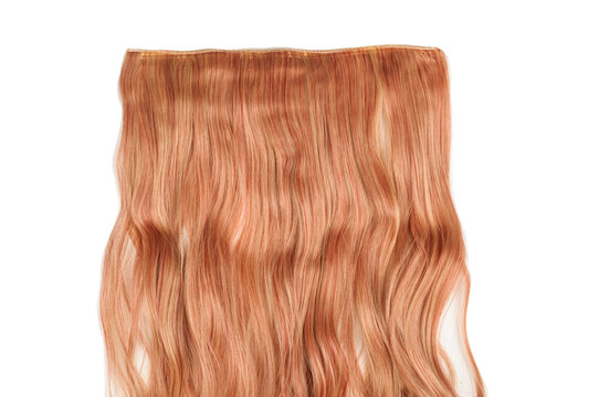 closeup texture of single piece clip in wavy brown mixed with red highlights synthetic hair extensions