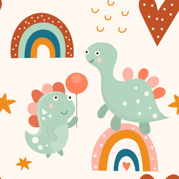 Dinosaur seamless pattern. Cute baby dinosaur and rainbow. Vector kids illustration for nursery design. Dino pattern for baby clothes, wrapping paper.
