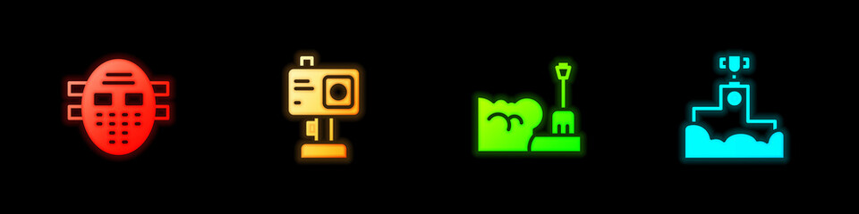 Set Hockey mask, Action camera, Shovel in snowdrift and Award winner podium icon. Vector