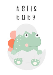 Nursery poster. Cute baby dinosaur in egg. Lettering Hello baby. Kids vector illustration for nursery wall art.