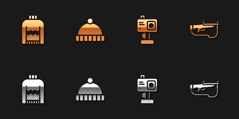 Set Christmas sweater, Winter hat, Action camera and Biathlon rifle icon. Vector