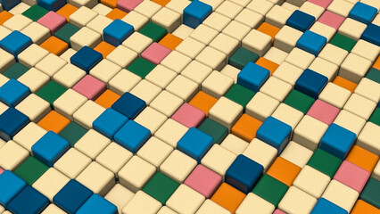 Abstract different color geometric shape brick and cube composition generated in solid color 3d rendering image