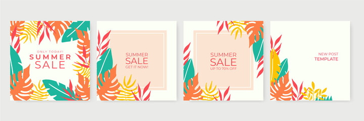 Fototapeta na wymiar Collection of abstract background designs - summer sale, social media promotional content. Template with summer and spring floral, leaves, and abstract shape. Vector illustration