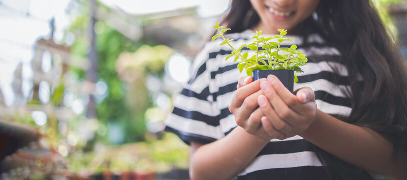 Little Asian kid girl smiling hold small tree pot on hands at glasshouse, Environment or saving concept with copy space