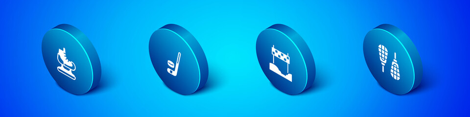 Set Isometric Skates, Ribbon in finishing line, Snowshoes and Ice hockey stick and puck icon. Vector