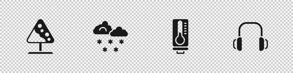 Set Road sign avalanches, Cloud with snow, Meteorology thermometer and Winter headphones icon. Vector