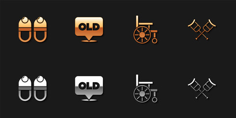 Set Slippers, Nursing home, Wheelchair and Crutch or crutches icon. Vector