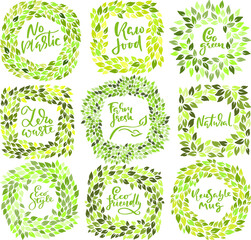 Set of ecology green leaves frames. Eco style templates. Modern lettering. Vector illustration.