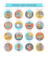 Travel and tourism. Relaxation. Set of vector, flat, linear icons. The set contains icons such as excursions, cruise, beach, restaurant, all inclusive and others.