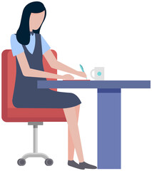 Office woman sitting at desk writes paper document. Business person or clerk working at office table