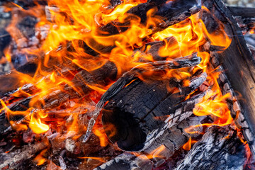 Close up picture of wood burning in a camp fire. Hot Red Flames. Taken in British Columbia, Canada.