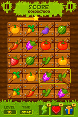 Game ui elements. 2d game icons and design elements. Vegetable Gardens, Field with wooden boxes and plants for the game match 3.