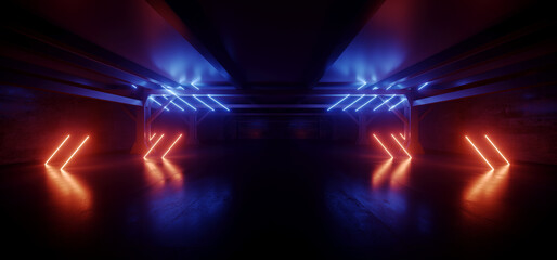 Cyber Virtual Neon Sign Glowing Lasers Glowing Red Blue Cement Basement Warehouse Tunnel Corridor Dark  Showroom Club Retro 3D Rendering