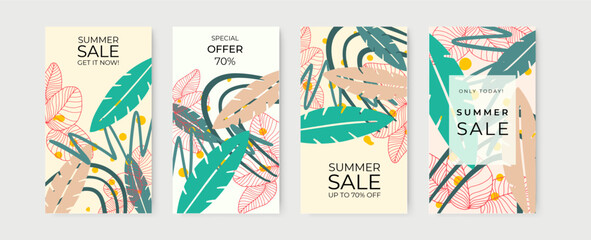 Fototapeta premium Set of universal hand drawn floral template for cover with summer flower. Home decor, backgrounds, cards. Children abstract and floral design in doodle style. Vector illustration and seamless pattern