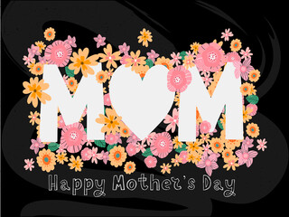 Happy Mothers day greeting card with typographic design and floral elements. Vector illustration. Paper cut style with blooming flowers, leaves and abstract shapes on white background. The best mom.
